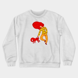Cool girl with red hair and red cat walking, version 1 Crewneck Sweatshirt